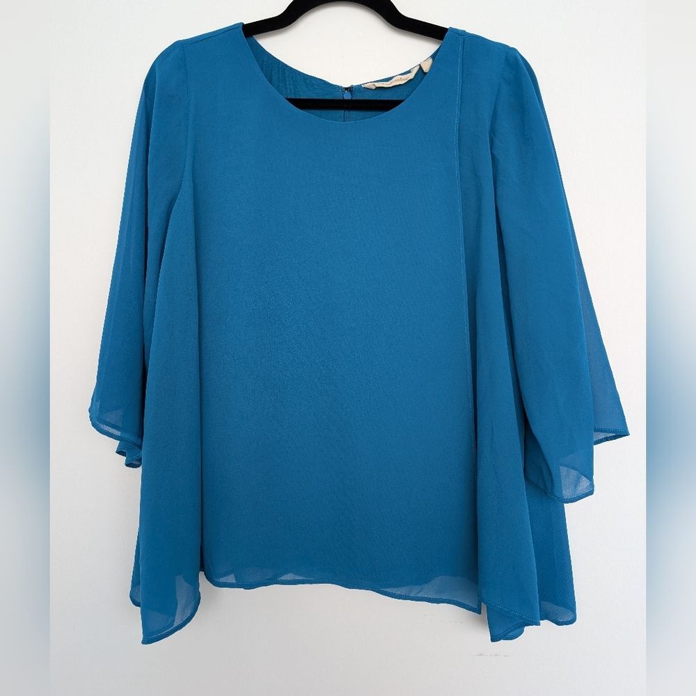 Soft Surroundings Chiffon Lined Semi Sheer Blouse Petite S Flowy Comfy in Blue